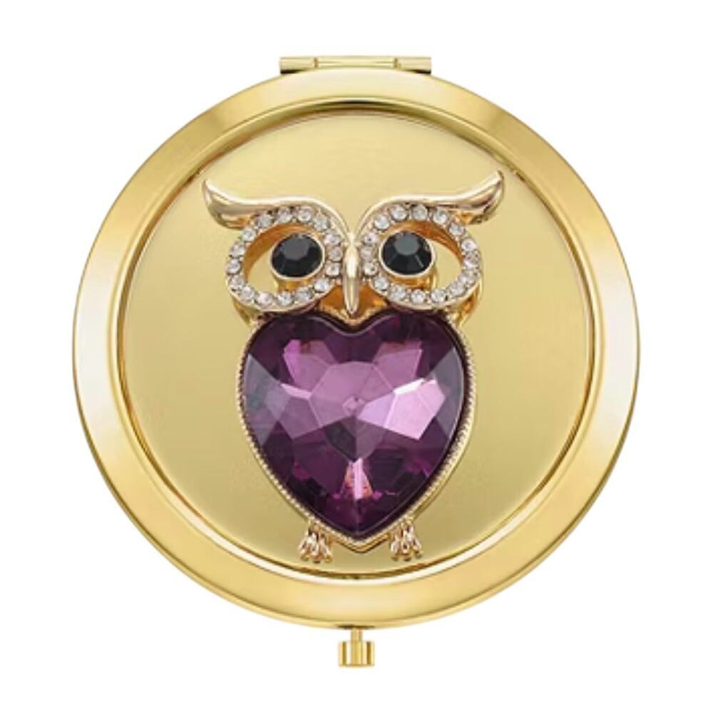 MONET Owl Compact Mirror Gold Tone Rhinestone Purple Crystal Figural New in Box - Picture 4 of 8